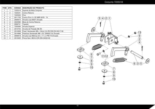ITEM QTD. CÓDIGO DESCRIÇÃO DO PRODUTO
1 1 7225319 Suporte da Mola Conjunto
2 2 7225241 Contra Retorno
3 1 7225320 Pino
4 2 2911703 Contra Pino 4 x 25 NBR 6378 - 74
5 2 2900610 Arruela Lisa Ø5/8" Zincado
6 2 2904580 Mola do Contra Retorno
7 2 2906741 Topador
8 2 7220484 Arruela Superior
9 6 2910704 Arruela de Pressão B8 ZN
10 2 2914908 Paraf. Sextavado M8 x 16mm 5.6 ZN DIN EN 24017-92
11 4 2914968 Parafuso Sextavado M8 x 25 DIN933 5.6 Zincado
12 4 2900618 Arruela Lisa Métrica 8.4 x 17 x 2 PB173 Zincado
13 4 2915405 Porca Sext. M8 8.8 ZN DIN 24032-92
Conjunto 7225318
12
9
13
7
8
9
10
7
8
9
10
4
4
2
1
6
6
3
2
5
11
5
15
 
