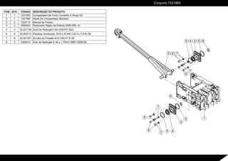 8
5
3
4
5
6
7
2
6
7
3
8
5
4
5
7
6
1
6
7
ITEM QTD. CÓDIGO DESCRIÇÃO DO PRODUTO
1 1 7221950 Compactador de Fardo Completo s/ Braço G2
2 1 7221955 Haste Do Compactador Montado
3 2 7225115 Mancal da Prensa
4 2 2906422 Rolamento Rígido de Esferas 6308 2RS -G-
5 4 05.001728 Anel De Retenção I-90 (GRUPO 502)
6 8 05.000713 Parafuso Sextavado M16 x 40 MA 2,00 CL 5.8 RI ZB
7 8 05.001051 Arruela de Pressão M16 DIN127 B ZB
8 2 2900414 Anel de Retenção E-40 x 1,75mm NBR 10096-88
Conjunto 7221960
 