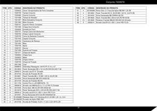 Conjunto 7220679
ITEM QTD. CÓDIGO DESCRIÇÃO DO PRODUTO
1 1 7229022 Caixa Transportadora de Feno Completa
2 1 7220735 Tampa Conjunto
3 1 7225480 Cúpula Conjunto
4 1 7221058 Tampa do Nosador
5 1 7221357 Mola Esticadora Conjunto
6 1 7221360 Mola Conjunto
7 1 7220151 Suporte Inferior Completo
8 1 7221355 Chapa Guia Conjunto
9 1 7220656 Entrada do Feno
10 1 7220731 Tampa Caixa dos Barbantes
11 1 7220752 Chapa Lateral Conjunto
12 1 7220725 Caixa do Barbante Conjunto
13 1 7221042 Capota Conjunto
14 1 7220750 Cantoneira de Reforço
15 2 7221354 Mola
16 1 7220746 Apoio
17 1 7220747 Escora
18 1 7221356 Suporte de Fixação
19 1 7221371 Chapa de Aperto
20 1 7220654 Chapa Guia
21 1 7220653 Mesa
22 1 7220756 Chapa Inferior
23 1 7220730 Chapa de Fixação
24 2 2901306 Cizal
25 7 2908643 Dobradiça Retangular 1001R FP 3" X 2.1/2"
26 30 2914903 Paraf. Sextavado M6 x 16 5.6 ZN DIN EN 24017-92
27 18 2900613 Arruela Lisa Ø1/4" Zincada
28 38 2910703 Arruela de Pressão B6 ZN
29 9 2914801 Paraf. Francês M6 x 16 MA 1,00 CL 8.8 RI ZB
30 39 2915403 Porca Sextavada M6 DIN 24032-92
31 21 2910704 Arruela de Pressão B8 ZN
32 2 2911703 Contra Pino 4 x 25 NBR 6378 - 74
33 21 2900618 Arruela Lisa Métrica 8.4 x 17 x 2 PB173 Zincado
34 19 2915405 Porca Sext. M8 8.8 ZN DIN 24032-92
35 2 2914919 Paraf. Sextavado M10 x 25 8.8 ZN DIN 24017-92
36 4 2900614 Arruela Lisa Ø10.5 x Ø21 x 2mm PB173 Zn
37 2 2915407 Porca Sextavada M10 8.8 ZN DIN24032-92
38 2 05.000985 Parafuso Allen C/C Cilindrica M 8 X 20 MA 1,25 CL 12.9
39 1 05.026409 Puxador de Nylon PMC 594
40 2 2910705 Arruela de Pressão 10,20 x 17,20 x 2,20 (M10) ZB
ITEM QTD. CÓDIGO DESCRIÇÃO DO PRODUTO
41 4 05.000580 Porca Sext. C/ Trava de Nylon M8 MA 1,25 ZB
42 4 2914803 Paraf. Francês M 6 X 25,00 MA 1,00 CL 8.8 RI ZB
43 1 2915403 Porca Sextavada M6 DIN934 G5 ZN
44 3 2914825 Paraf. Francês M8 x 25mm 8.8 ZN PB 53-90
45 13 2914804 Parafuso Francês M8x20 DIN 603 8.8 Zincado
46 2 2900614 Arruela Lisa Ø10.5 x Ø21 x 2mm PB173 Zn
24
 