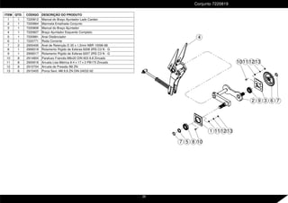 8
5
7
1
10
11
2 3 6 7
12 13
10 11 12 13
4
9
Conjunto 7220819
ITEM QTD. CÓDIGO DESCRIÇÃO DO PRODUTO
1 1 7220812 Mancal do Braço Ajuntador Lado Cardan
2 1 7220864 Manivela Entalhada Conjunto
3 1 7220808 Mancal do Braço Ajuntador
4 1 7220827 Braço Ajuntador Esquerdo Completo
5 1 7220881 Anel Distânciador
6 1 7220771 Roda Corrente
7 2 2900406 Anel de Retenção E-35 x 1,5mm NBR 10096-88
8 1 2906518 Rolamento Rígido de Esferas 6208 2RS C3 N - G
9 1 2906517 Rolamento Rígido de Esferas 6207 2RS C3 N - G
10 8 2914804 Parafuso Francês M8x20 DIN 603 8.8 Zincado
11 8 2900618 Arruela Lisa Métrica 8.4 x 17 x 2 PB173 Zincado
12 8 2910704 Arruela de Pressão B8 ZN
13 8 2915405 Porca Sext. M8 8.8 ZN DIN 24032-92
26
 