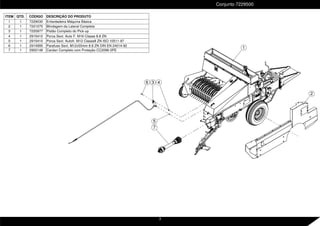 Conjunto 7229500
ITEM QTD. CÓDIGO DESCRIÇÃO DO PRODUTO
1 1 7229030 Enfardadeira Máquina Básica
2 1 7221075 Blindagem da Lateral Completa
3 1 7220977 Pistão Completo do Pick-up
4 1 2915412 Porca Sext. Auto F. M16 Classe 8.8 ZN
5 1 2915410 Porca Sext. Autofr. M12 Classe8 ZN ISO 10511-97
6 1 2914995 Parafuso Sext. M12x55mm 8.8 ZN DIN EN 24014-92
7 1 2902148 Cardan Completo com Proteção CC2096-2PE
2
6 3 4
7
1
5
3
 