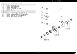 ITEM QTD. CÓDIGO DESCRIÇÃO DO PRODUTO
1 1 7220835 Esticador da Corrente
2 1 7220833 Bucha Distânciadora
3 1 6280019 Roda Dentada Z-16
4 3 7221147 Arruela Ø35 x Ø17 x 3,80
5 1 7220476 Arruela
6 1 7220838 Reforço
7 1 2914813 Par. Francês M16 x 60mm 8.8 ZN DIN 603
8 1 2906330 Rolamento Rígido de Esferas 6204 2RS C3
9 1 2900408 Anel de Retenção 47 x 1,75mm NBR 10097-88
10 1 2915412 Porca Sext. Auto F. M16 Classe 8.8 ZN
11 2 2915411 Porca Sextavada M16 Cl 8 Zn
5
2
10 9
8 3
1 7
11
4
6
4
11
4
Conjunto 7220825
30
 