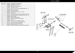Conjunto 7220824
ITEM QTD. CÓDIGO DESCRIÇÃO DO PRODUTO
1 1 7225580 Braço Menor Conjunto
2 1 7225078 Mancal do Garfo com Bucha
3 1 7225070 Pino Base do Corpo
4 2 2911705 Contra - Pino 5 x 40 CONFORME NBR 6378 - 74
5 1 7225069 Pino Base do Dente
6 2 2900622 Arruela Lisa 22x37x3
7 2 2900402 Anel Retenção Diam, E-20 x 1,20mm
8 2 7225071 Dente Curto
9 4 2914934 Paraf. Sextavado M12x40 8.8 ZN DIN EN 24017-92
10 5 2915410 Porca Sext. Autofr. M12 Classe8 ZN ISO 10511-97
11 1 7220885 Biela Completa
12 1 2904639 Mola do Garfo Ajuntador
13 1 7225577 Arruela da Mola do Garfo Ajuntador
14 1 7225572 Cruzeta
15 1 7226004 Pino Trava Giro do Braço Ajuntador
16 1 2915412 Porca Sext. Auto F. M16 Classe 8.8 ZN
17 2 2915416 Porca Sext. M20 DIN934 G8 ZN
18 1 2912504 Graxeira Reta M8 x 1 DIN 71412
19 1 2914939 Parafuso Sextavado M12x75 DIN931 8.8 Zincado
16
9
14 13 18
11
12
5 6 7
6
4
7
2
3
17
10 19
1 15
8
10
33
 