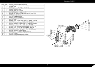ITEM QTD. CÓDIGO DESCRIÇÃO DO PRODUTO
1 1 7221698 Pino
2 1 2912504 Graxeira Reta M8 x 1 DIN 71412
3 2 7220442 Arruela AP-41N
4 1 7220779 Roda para Corrente
5 2 2910706 Arruela de Pressão B12 ZN
6 2 2915076 Par Allen C/C CIL M12 x 35 MA 1,75 CL 12.9 RI
7 1 7220781 Suporte Mancal
8 1 7220792 Chapa Segurança
9 1 7220787 Base Suporte Mancal
10 1 7220790 Calço
11 2 2914806 Paraf. Francês M10 x 25mm 8.8 ZN NBR 11208-90
12 6 2915407 Porca Sextavada M10 8.8 ZN DIN24032-92
13 6 2910705 Arruela de Pressão 10,20 x 17,20 x 2,20 (M10) ZB
14 4 2900614 Arruela Lisa Ø10.5 x Ø21 x 2mm PB173 Zn
15 4 2914919 Paraf. Sextavado M10 x 25 8.8 ZN DIN 24017-92
16 4 2914825 Paraf. Francês M8 x 25mm 8.8 ZN PB 53-90
17 4 2900618 Arruela Lisa Métrica 8.4 x 17 x 2 PB173 Zincado
18 4 2910704 Arruela de Pressão B8 ZN
19 4 2915405 Porca Sext. M8 8.8 ZN DIN 24032-92
20 1 7221742 Encosto
21 1 7220780 Conjunto Engrenagens Nosador
Conjunto 7220777
7
20
12 13 14
4
3
2
1
5
6
15
19
18
17
14
13
12
15
3
12 13 8
10 16 9
11 21
36
 