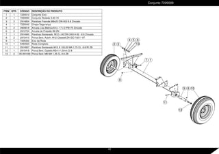 ITEM QTD. CÓDIGO DESCRIÇÃO DO PRODUTO
1 1 7220010 Conjunto Eixo
2 1 7220050 Conjunto Rodado 5.60-15
3 2 2914804 Parafuso Francês M8x20 DIN 603 8.8 Zincado
4 1 7220042 Chapa Segurança
5 2 2900618 Arruela Lisa Métrica 8.4 x 17 x 2 PB173 Zincado
6 2 2910704 Arruela de Pressão B8 ZN
7 1 2914940 Parafuso Sextavado M12 x 90 DIN 24014-92 - 8.8 Zincado
8 2 2915410 Porca Sext. Autofr. M12 Classe8 ZN ISO 10511-97
9 1 7225342 Eixo da Roda
10 1 6460503 Roda Completa
11 1 2914957 Parafuso Sextavado M12 X 120,00 MA 1,75 CL 8.8 RI ZB
12 1 2915418 Porca Sext. Castelo M24 x 1,5mm Cl 8
13 2 05.001049 Porca Sext. M8 MA 1,25 CL 8.8 ZB
Conjunto 7220009
12
7
3
4 5
1
2
8
9
6
8
11
13
10
43
 