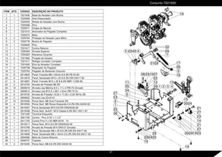 Conjunto 7221600
9
16
26
6
7
40
22
5
9
33
12
22
37
10
39
38
11
8
8
27
32
23
36
34
35 4
3
2
13
15
19
20 24 25
23
29
23
27
21
24
30
14
1
1
14
30 24 23
27
21
31 28 17
28
19
18
ITEM QTD. CÓDIGO DESCRIÇÃO DO PRODUTO
1 1 7221635 Base do Nosador com Bucha
2 1 7220399 Anel Distanciador
3 1 7220400 Rolete do Nosador com Bucha
4 1 7220398 Pino
5 1 7220571 Chapa do Mancal
6 1 7221610 Acionador do Pegador Completo
7 1 7220572 Mola
8 2 7225764 Proteção do Nosador para Milho
9 2 7225778 Bucha do Pegador
10 1 7220600 Pino
11 1 7221617 Contra Retorno
12 1 7220484 Arruela Superior
13 1 7220520 Alavanca Conjunto
14 2 7221684 Fixação do Quadro
15 1 7221417 Relógio Contador Completo
16 1 7221630 Eixo do Nosador Completo
17 2 7225738 Regulador do Pegador
18 2 7225763 Pegador do Barbante Conjunto
19 8 2914825 Paraf. Francês M8 x 25mm 8.8 ZN PB 53-90
20 3 2914919 Paraf. Sextavado M10 x 25 8.8 ZN DIN 24017-92
21 5 2914807 Paraf. Francês M10 x 30 8.8 ZN NBR 11208-90
22 3 2910704 Arruela de Pressão B8 ZN
23 10 2900618 Arruela Lisa Métrica 8.4 x 17 x 2 PB173 Zincado
24 5 2900614 Arruela Lisa Ø10.5 x Ø21 x 2mm PB173 Zn
25 6 2910705 Arruela de Pressão 10,20 x 17,20 x 2,20 (M10) ZB
26 2 2900622 Arruela Lisa 22x37x3
27 10 2915406 Porca Sext. M8 Auto Frenante ZN
28 4 2915504 Porca Sext. M8 Rosca Esquerda 5.6 ZN DIN 24032-92
29 6 2915407 Porca Sextavada M10 8.8 ZN DIN24032-92
30 2 2915408 Porca Sext. AutoFr. M10 Classe 8 ZN ISO 10511-97
31 2 7221425 Terminal Esquerdo
32 2 2901705 Contra - Pino 3/16" x 1.1/2"
33 1 2911703 Contra Pino 4 x 25 NBR 6378 - 74
34 1 2915417 Porca Sext. M14 8.8 ZN DIN24032-92
35 1 2910708 Arruela de Pressão B14 DIN127 Zincada
36 2 2914910 Paraf. Sextavado M8 x 25 8.8 ZN DIN EN 24017-92
37 1 2914908 Paraf. Sextavado M8 x 16mm 5.6 ZN DIN EN 24017-92
38 1 2904580 Mola do Contra Retorno
39 1 2906741 Topador
40 2 2915405 Porca Sext. M8 8.8 ZN DIN 24032-92
47
 