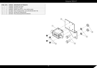 Conjunto 7221417
ITEM QTD. CÓDIGO DESCRIÇÃO DO PRODUTO
1 1 7220403 Contador de Fardos
2 1 7220393 Chapa de Fixação
3 4 2905903 Rebite Cego Ø 3,2 x 12mm NPDA 440SS
4 2 2914903 Paraf. Sextavado M6 x 16 5.6 ZN DIN EN 24017-92
5 2 2910703 Arruela de Pressão B6 ZN
6 2 2915403 Porca Sextavada M6 DIN 24032-92
4
2
5
1
3
6
52
 