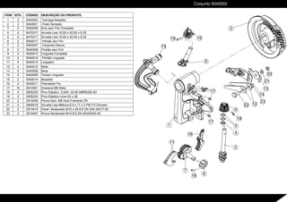 15
10
19
1
11
7
18 8
16
3
4
5
18
6
17
17
22 12
23
14
13
21
20
2
9
ITEM QTD. CÓDIGO DESCRIÇÃO DO PRODUTO
1 2 5040003 Carcaça Nosador
2 2 5040001 Prato Dentado
3 2 5040009 Eixo sem Fim Completo
4 2 6470317 Arruela Lisa 16,50 x 42,00 x 6,35
5 4 6470317 Arruela Lisa 16,50 x 42,00 x 6,35
6 2 5040017 Pinhão sim Fim
7 2 5040007 Conjunto Discos
8 2 5040008 Pinhão sem Fim
9 2 5040013 Lingueta Completa
10 2 5040016 Pinhão Lingueta
11 4 5040010 Limpador
12 4 5040012 Mola
13 2 5040006 Mola
14 2 5400005 Tensor Lingueta
15 2 5040014 Nosador
16 2 5040011 Prendedor Fio
17 10 2912501 Graxeira M6 Reta
18 4 2905220 Pino Elástico 5,00X 22,00 NBR8320-83
19 2 2905233 Pino Elástico Leve 05 x 28
20 2 2915406 Porca Sext. M8 Auto Frenante ZN
21 2 2900618 Arruela Lisa Métrica 8.4 x 17 x 2 PB173 Zincado
22 2 2914919 Paraf. Sextavado M10 x 25 8.8 ZN DIN 24017-92
23 2 2915407 Porca Sextavada M10 8.8 ZN DIN24032-92
Conjunto 5040002
 