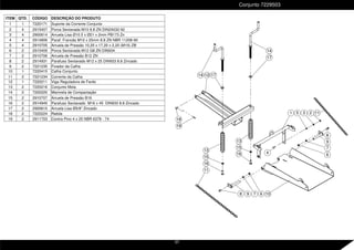 Conjunto 7229503
ITEM QTD. CÓDIGO DESCRIÇÃO DO PRODUTO
1 1 7220171 Suporte da Corrente Conjunto
2 4 2915407 Porca Sextavada M10 8.8 ZN DIN24032-92
3 4 2900614 Arruela Lisa Ø10.5 x Ø21 x 2mm PB173 Zn
4 4 2914806 Paraf. Francês M10 x 25mm 8.8 ZN NBR 11208-90
5 4 2910705 Arruela de Pressão 10,20 x 17,20 x 2,20 (M10) ZB
6 2 2915409 Porca Sextavada M12 G8 ZN DIN934
7 2 2910706 Arruela de Pressão B12 ZN
8 2 2914931 Parafuso Sextavado M12 x 25 DIN933 8.8 Zincado
9 2 7221235 Fixador da Calha
10 1 7220415 Calha Conjunto
11 2 7221234 Corrente da Calha
12 1 7220211 Viga Reguladora de Fardo
13 2 7220216 Conjunto Mola
14 2 7220220 Manivela de Compactação
15 2 2910707 Arruela de Pressão B16
16 2 2914945 Parafuso Sextavado M16 x 45 DIN933 8.8 Zincado
17 2 2900610 Arruela Lisa Ø5/8" Zincado
18 2 7220224 Rebite
19 2 2911703 Contra Pino 4 x 25 NBR 6378 - 74
8
8 9 7 6
4
1
13
14 12
10
16
15
3 2
5
17
18
19
11
17
14
16
15
13
6
7
9
11
57
 