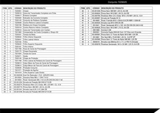 ITEM QTD. CÓDIGO DESCRIÇÃO DO PRODUTO
1 1 7220061 Chassi
2 1 7229016 Caixa de Transmissão Completa com Polia
3 1 7229017 Êmbolo Completo
4 1 7220320 Esticador da Corrente Completo
5 2 7220145 Conjunto da Roldana Completo
6 1 7225838 Contra Retorno Lateral Completo
7 1 7220156 Roldana do Chassi Completa
8 1 7225318 Contra Retorno Inferior Completo
9 1 7229018 Caixa de Transmissão com Cardan
10 1 7221960 Compactador de Fardo Completo c/ Braço G2
11 1 7220331 Tampa da Biela
12 1 7229042 Trilho Inferior Esquerdo
13 1 7229041 Trilho Lateral Inferior
14 2 7220182 Trilho
15 1 7229043 Trilho Superior Esquerdo
16 1 7220181 Trilho Inferior
17 1 7221769 Faca do Canal de Prensagem
18 2 7220175 Chapa Escamada
19 1 7221834 Tampa do Canal
20 1 7225271 Varão
21 1 7220149 Chapa de Proteção
22 1 7221768 Trilho Lateral da Roldana do Canal de Prensagem
23 1 7229613 Calço Maior da Faca do Canal de Prensagem
24 1 7229614 Calça Menor da Faca do Canal de Prensagem
25 1 7229035 Proteção Conjunto
26 1 7221071 Proteção da Agulha
27 1 7221619 Trilho Superior Lado Direito
28 2 05.002039 Anel De Retenção I-72,0 (GRUPO 502)
29 1 2912504 Graxeira Reta M8 x 1 DIN 71412
30 6 2914903 Paraf. Sextavado M6 x 16 5.6 ZN DIN EN 24017-92
31 37 05.001254 Arruela de Pressão M6 DIN127 B ZB
32 31 05.002274 Parafuso Allen C/C Chata M6 x 25 MA 1 CL 12.9
33 34 05.000770 Porca Sext. M6 MA 1,00 CL 8.8 ZB
34 25 02.051041 Arruela Lisa 6,35 (1/4") 994 ZB
35 6 05.001048 Arruela de Pressão M8 DIN127 B ZB
ITEM QTD. CÓDIGO DESCRIÇÃO DO PRODUTO
36 2 05.001049 Porca Sext. M8 MA 1,25 CL 8.8 ZB
37 11 05.000624 Porca Sext. M10 MA 1,50 CL 8.8 ZB
38 3 05.000760 Parafuso Allen C/C Chata M10 x 40 MA 1,50 CL 12.9
39 12 05.000957 Arruela de Pressão M 10
40 8 2914805 Paraf. Francês M10 x 20mm 8.8 ZN NBR 11208-90
41 8 05.000520 Arruela Lisa M10 DIN125 ZB
42 2 2914941 Paraf. Sextavado M12 x 100 8.8 ZN DIN EN 24014-92
43 2 05.000625 Porca Sext. M12 MA 1,75 CL 8.8 ZB
44 1 2901868 Correia C-88
45 1 2902061 Corrente Dupla ASA-60 Com 127 Elos com Emenda
46 1 05.000581 Porca Sext. C/ Trava de Nylon M10 MA 1,50 ZB
47 1 2914981 Par Sext M8 x 70,00 MA 1,25 CL 5.8 RP ZP
48 1 05.000580 Porca Sext. C/ Trava de Nylon M8 MA 1,25 ZB
49 4 2900618 Arruela Lisa Métrica 8.4 x 17 x 2 PB173 Zincado
50 4 05.000978 Parafuso Sextavado M 8 x 20 MA 1,25 CL 8.8 ZB
ITEM QTD. CÓDIGO DESCRIÇÃO DO PRODUTO
36 2 05.001049 Porca Sext. M8 MA 1,25 CL 8.8 ZB
37 11 05.000624 Porca Sext. M10 MA 1,50 CL 8.8 ZB
38 3 05.000760 Parafuso Allen C/C Chata M10 x 40 MA 1,50 CL 12.9
39 12 05.000957 Arruela de Pressão M 10
40 8 2914805 Paraf. Francês M10 x 20mm 8.8 ZN NBR 11208-90
41 8 05.000520 Arruela Lisa M10 DIN125 ZB
42 2 2914941 Paraf. Sextavado M12 x 100 8.8 ZN DIN EN 24014-92
43 2 05.000625 Porca Sext. M12 MA 1,75 CL 8.8 ZB
44 1 2901868 Correia C-88
45 1 2902061 Corrente Dupla ASA-60 Com 127 Elos com Emenda
46 1 05.000581 Porca Sext. C/ Trava de Nylon M10 MA 1,50 ZB
47 1 2914981 Par Sext M8 x 70,00 MA 1,25 CL 5.8 RP ZP
48 1 05.000580 Porca Sext. C/ Trava de Nylon M8 MA 1,25 ZB
49 4 2900618 Arruela Lisa Métrica 8.4 x 17 x 2 PB173 Zincado
50 4 05.000978 Parafuso Sextavado M 8 x 20 MA 1,25 CL 8.8 ZB
Conjunto 7229025
 