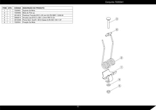 ITEM QTD. CÓDIGO DESCRIÇÃO DO PRODUTO
1 1 7220951 Suporte da Mola
2 1 7220950 Mola do Pick-up
3 1 2914816 Parafuso Francês M10 x 65 mm 8.8 ZN NBR 11208-90
4 1 2900614 Arruela Lisa Ø10.5 x Ø21 x 2mm PB173 Zn
5 1 2915408 Porca Sext. AutoFr. M10 Classe 8 ZN ISO 10511-97
6 1 7220541 Fixação Da Mola
5
4
1
2
6
3
Conjunto 7220341
63
 