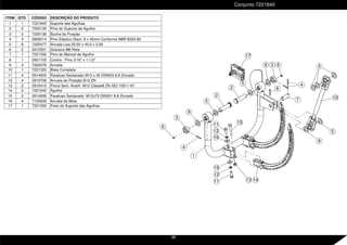 5
9
17
1
2
5
3
6
4
12
12
13 14
4
7
8
10
2
3 6
16
16
11
11 15
9
5
9
5
Conjunto 7221640
ITEM QTD. CÓDIGO DESCRIÇÃO DO PRODUTO
1 1 7221645 Suporte das Agulhas
2 2 7220135 Pino do Suporte da Agulha
3 2 7220136 Bucha da Fixação
4 3 2905214 Pino Elástico Diam. 6 x 45mm Conforme NBR 8320-83
5 6 7220477 Arruela Lisa 25,50 x 45,0 x 2,00
6 2 2912501 Graxeira M6 Reta
7 1 7221332 Pino do Mancal da Agulha
8 1 2901705 Contra - Pino 3/16" x 1.1/2"
9 3 7220476 Arruela
10 1 7221320 Biela Completa
11 4 2914933 Parafuso Sextavado M12 x 35 DIN933 8.8 Zincado
12 4 2910706 Arruela de Pressão B12 ZN
13 2 2915410 Porca Sext. Autofr. M12 Classe8 ZN ISO 10511-97
14 2 7221642 Agulha
15 2 2914939 Parafuso Sextavado M12x75 DIN931 8.8 Zincado
16 4 7120035 Arruela da Mola
17 1 7221300 Freio do Suporte das Agulhas
68
 