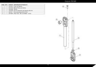 3
6
4
2
1
5
ITEM QTD. CÓDIGO DESCRIÇÃO DO PRODUTO
1 1 7221321 Tubo com Mancal
2 1 7221423 Mancal Porca com Bucha
3 1 7221328 Bucha
4 1 7221326 Eixo do Dispositivo das Agulhas AP-41N
5 1 2915411 Porca Sextavada M16 Cl 8 Zn
6 1 2914994 Paraf. Sext. M8 x 35 DIN931 - 5.8 Zn
Conjunto 7221320
70
 