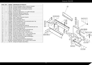 ITEM QTD. CÓDIGO DESCRIÇÃO DO PRODUTO
1 1 7221152 Conjunto blindagem lateral e tampa de inspeção.
2 1 7221790 Proteção Soldada Completa da Blindagem
3 1 7221074 Blindagem Superior das Agulhas Conjunto
4 1 7220170 Tampa do Canal
5 14 2900618 Arruela Lisa Métrica 8.4 x 17 x 2 PB173 Zincado
6 7 2915406 Porca Sext. M8 Auto Frenante ZN
7 1 7220209 Cantoneira da Blindagem Conjunto
8 1 7221055 Blindagem Inferior
9 1 7225247 Apoio Traseiro Esquerdo Conjunto
10 1 7220046 Apoio da Blindagem
11 1 7220227 Suporte Blindagem Menor
12 12 2914903 Paraf. Sextavado M6 x 16 5.6 ZN DIN EN 24017-92
13 10 2900613 Arruela Lisa Ø1/4" Zincada
14 12 2910703 Arruela de Pressão B6 ZN
15 9 2915403 Porca Sextavada M6 DIN 24032-92
16 5 2914986 Paraf. Sextavado M8 x 20mm 8.8 ZN DIN EN 24017-92
17 7 2910704 Arruela de Pressão B8 ZN
18 2 2914825 Paraf. Francês M8 x 25mm 8.8 ZN PB 53-90
19 2 2915405 Porca Sext. M8 8.8 ZN DIN 24032-92
20 16 2900614 Arruela Lisa Ø10.5 x Ø21 x 2mm PB173 Zn
21 14 2910705 Arruela de Pressão 10,20 x 17,20 x 2,20 (M10) ZB
22 8 2914917 Parafuso Sextavado M10 x 16 DIN933 8.8
23 2 7221794 Apoio da Lateral Externa Maior da Blindagem
24 1 7221795 Proteção Frontal Soldada
25 2 2915407 Porca Sextavada M10 8.8 ZN DIN24032-92
26 6 05.000167 Parafuso Sextavado M10 x 20 MA 1,50 CL 8.8 ZB
27 1 7221791 Chapa de Proteção Lateral Menor
12 13 14 15
13
14
12
19 17 5 18
13
14
15
12
14
13
7
5
17
16
9
3
5 17
5 17 16
13
12
10
11 16
8
6 5
22 21 20
23
21
22
2
5
6
20
21
26
24
1
26
20
20
21
25
25 21 20
20 26
27
20
23
5
6
4
Conjunto 7221075
72
 