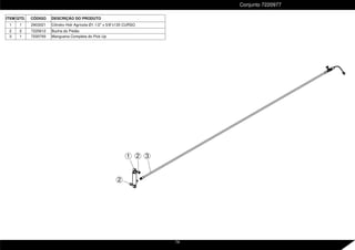 Conjunto 7220977
2 3
1
2
ITEM QTD. CÓDIGO DESCRIÇÃO DO PRODUTO
1 1 2903021 Cilindro Hidr Agrícola Ø1.1/2" x 5/8"x135 CURSO
2 2 7225612 Bucha do Pistão
3 1 7220793 Mangueira Completa do Pick Up
74
 