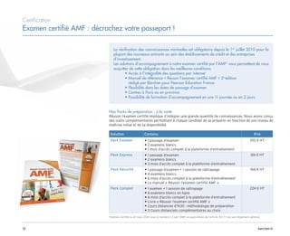 barchen.fr
12
Certification
Examen certifié AMF : décrochez votre passeport !
1
Examen certifié le 22 mars 2010 sous le numéro C3 par l’AMF en application de l’article 313-7-3 de son règlement général
Nos Packs de préparation : à la carte
Réussir l’examen certifié implique d’intégrer une grande quantité de connaissances. Nous avons conçu
des outils complémentaires permettant à chaque candidat de se préparer en fonction de son niveau de
maîtrise initial et de sa disponibilité.
Solution Contenu Prix
Pack Examen • 
1 passage d’examen
• 
2 examens blancs
• 
1 mois d’accès complet à la plateforme d’entraînement
100 € HT
Pack Express • 
1 passage d’examen
• 
2 examens blancs

• 3 mois d’accès complet à la plateforme d’entraînement
126 € HT
Pack Sécurité • 
1 passage d’examen + 1 session de rattrapage
• 
4 examens blancs
• 
6 mois d’accès complet à la plateforme d’entraînement
• 
Le manuel « Réussir l’examen certifié AMF »
166 € HT
Pack Complet • 
1 examen + 1 session de rattrapage
• 
6 examens blancs en ligne
• 
6 mois d’accès complet à la plateforme d’entraînement
• 
Livre « Réussir l’examen certifié AMF »
• 
Cours distanciel d’1h30 : méthodologie de préparation
• 
3 Cours distanciels complémentaires au choix
224 € HT
La vérification des connaissances minimales est obligatoire depuis le 1er
juillet 2010 pour la
plupart des nouveaux entrants au sein des établissements de crédit et des entreprises
d’investissement.
Les solutions d’accompagnement à notre examen certifié par l’AMF1
vous permettent de vous
acquitter de cette obligation dans les meilleures conditions.
• 
Accès à l’intégralité des questions par internet
• 
Manuel de référence « Réussir l’examen certifié AMF » 2e
édition
rédigé par Bärchen pour Pearson Education France
• 
Flexibilité dans les dates de passage d’examen
• 
Centres à Paris ou en province
• 
Possibilité de formation d’accompagnement en une ½ journée ou en 2 jours
 