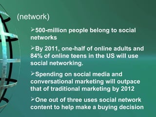 (network)
500-million people belong to social
networks
By 2011, one-half of online adults and
84% of online teens in the US will use
social networking.
Spending on social media and
conversational marketing will outpace
that of traditional marketing by 2012
One out of three uses social network
content to help make a buying decision

 