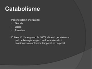 1. El catabolisme5Catabolisme: conjunt de reaccionsbioquímiques que transformen les macromolècules en molèculesorgàniquespetites, i aquestes en inorgàniques. Durantaquestprocéss’alliberaenergiaTenen unes primeresviesconvergents, fins a acetilCoA i s’anomenacatabolismeintermediari; i elscompostos que van apareixent: metabòlits.Solen ser reaccionsd’oxido-reduccióons’alliberenelectrons que passen a transportadorsd’electrons i elsmetabòlitspassen de nivellsenergèticselevats a mésbaixos.