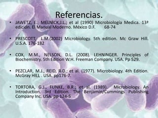 Referencias.
• JAWETZ, E.; MELNICK,J.L.; et al (1990) Microbiología Medica. 13ª
edición. El Manual Moderno. México D.F. 68-74
• PRESCOTT, L.M.(2002) Microbiology. 5th edition. Mc Graw Hill.
U.S.A. 176-182
• COX, M.M., NELSON, D.L. (2008). LEHNINGER. Principles of
Biochemistry. 5th Edition W.H. Freeman Company. USA. Pp 529.
• PEZCLAR, M.J., REID, R.D.; et al. (1977). Microbiology. 4th Edition.
McGray HILL . USA. pp176-7.
• TORTORA, G.J., FUNKE, B.R.; et al. (1989). Microbiology. An
Introduction. 3rd Edition. The Benjamin/Cummings Publishing
Company Inc. USA. pp 124-5
 