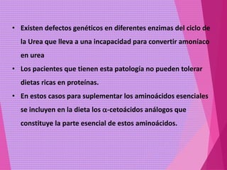 • Existen defectos genéticos en diferentes enzimas del ciclo de
la Urea que lleva a una incapacidad para convertir amoníaco
en urea
• Los pacientes que tienen esta patología no pueden tolerar
dietas ricas en proteínas.
• En estos casos para suplementar los aminoácidos esenciales
se incluyen en la dieta los a-cetoácidos análogos que
constituye la parte esencial de estos aminoácidos.
 