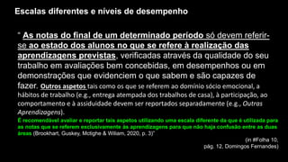 “ As notas do final de um determinado período só devem referir-
se ao estado dos alunos no que se refere à realização das
aprendizagens previstas, verificadas através da qualidade do seu
trabalho em avaliações bem concebidas, em desempenhos ou em
demonstrações que evidenciem o que sabem e são capazes de
fazer. Outros aspetos tais como os que se referem ao domínio sócio emocional, a
hábitos de trabalho (e.g., entrega atempada dos trabalhos de casa), à participação, ao
comportamento e à assiduidade devem ser reportados separadamente (e.g., Outras
Aprendizagens).
Escalas diferentes e níveis de desempenho
É recomendável avaliar e reportar tais aspetos utilizando uma escala diferente da que é utilizada para
as notas que se referem exclusivamente às aprendizagens para que não haja confusão entre as duas
áreas (Brookhart, Guskey, Mctighe & Wiliam, 2020, p. 3)”
(in #Folha 10,
pág. 12, Domingos Fernandes)
 