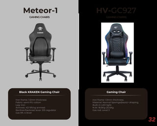 32
Meteor-1
GAMINGCHAIRS
Black KRAKEN Gaming Chair
Iron frame: 1.5mm thickness
Fabric: semi-PU cotton
Leg: iron
Armrest: 4D lifting armrest
Recliner/backrest lever: 515 regulator
Gas lift: 4-level
HV-GC927
GAMINGCHAIRS
Gaming Chair
iron frame: 1.5mm thichness.
Material: Normal Spomge(back)+ shaping.
Built-in LED light
N.W: 18.5Kg-20.5Kg
Gas rod: Level 3
 
