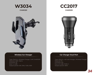 34
W3034
CHARGER
Wireless Car Charger
Type: Electric, Wireless Charger, CAR CHARGER
Material: ABS+ fabric
Function: Qi
Port: 1 x USB
Output power: 5W, 15W, 7.5W, 10W
CC2017
CHARGER
Car Charger Dual Port
Type: Electric, usb wall charger, Wireless Charger
Material: PC
Function: PD
Port: 2 X USB, TYPE-C
Output power: 30W
 