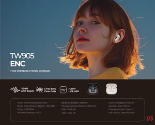 -25dB
ANC Depth
4-Mic ENC
Clear Calls
HAVIT
LIFE APP
L I F E
TW905
ENC
TRUE WIRELESS STEREO EARBUDS
Voice Noise Reduction: ENC
Noise Cancellation Depth: -25±3dB
Chip: JL6973D4
Wireless Version: V5.3
Earbuds Battery: 28mAh
Charging Case Battery: 300mAh
Play Time: 6h
Talk Time: 4h
Case Charging Time: 2h
Speaker Size: 10mm
Charging Case: Type-C,
hall switch, reset button
05
 
