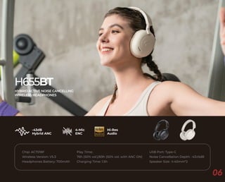 -43dB
Hybrid ANC
4-Mic
ENC
Hi-Res
Audio
H655BT
HYBRID ACTIVE NOISE CANCELLING
WIRELESS HEADPHONES
Chip: AC7018F
Wireless Version: V5.3
Headphones Battery: 700mAh
Play Time:
76h (50% vol.)/69h (50% vol. with ANC ON)
Charging Time: 1.5h
USB Port: Type-C
Noise Cancellation Depth: -43±5dB
Speaker Size: Φ40mm*2
06
 
