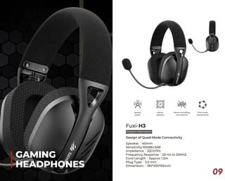 09
Fuxi-H3
Speaker：40mm
Sensitivity:100dB±3dB
Impedance：32Ω±15%
Frequency Response：20 Hz to 20KHZ
Cord Length：Approx 1.2m
Plug Type：3.5 mm
Dimension:：190*200*65mm
Design of Quad-Mode Connectivity
 