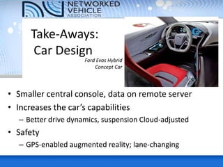 Take-Aways:
Car Design
• Smaller central console, data on remote server
• Increases the car’s capabilities
– Better drive dynamics, suspension Cloud-adjusted
• Safety
– GPS-enabled augmented reality; lane-changing
Ford Evos Hybrid
Concept Car
 