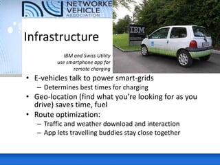 Infrastructure
• E-vehicles talk to power smart-grids
– Determines best times for charging
• Geo-location (find what you’re looking for as you
drive) saves time, fuel
• Route optimization:
– Traffic and weather download and interaction
– App lets travelling buddies stay close together
IBM and Swiss Utility
use smartphone app for
remote charging
 