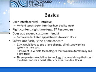 Basics
• User interface vital - intuitive
– MyFord touchscreen interface hurt quality index
• Right content, right time (esp. 1st Responders)
• Does app exceed customer needs?
– Car’s calendar linked appointments to alarm clock
• Safety, not flash, is the prime concern
– 91 % would love to see a lane-change, blind-spot warning
system in their cars.
– 83 % want in-vehicle technologies that would automatically call
a tow truck
– Three-quarters would like technology that would stop their car if
the driver suffers a heart attack or other sudden illness
 