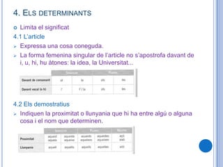 2.2 El nombrePlural consisteix a afegir una –s al singular: noi/nois.Plural pot acabar també amb –ns, -os o -s: camí/caminsdisc/discos o discsMots invariables: el/els dilluns.