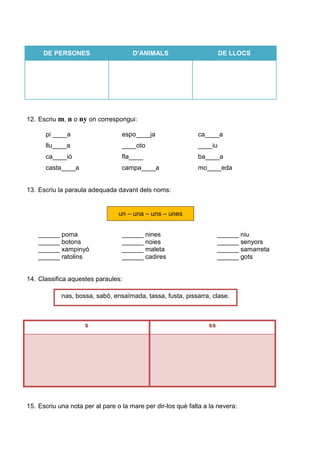 DE PERSONES D’ANIMALS DE LLOCS
12. Escriu m, n o ny on correspongui:
pi ____a espo____ja ca____a
llu____a ____oto ____iu
ca____ió fla____ ba____a
casta____a campa____a mo____eda
13. Escriu la paraula adequada davant dels noms:
______ poma ______ nines ______ niu
______ botons ______ noies ______ senyors
______ xampinyó ______ maleta ______ samarreta
______ ratolins ______ cadires ______ gots
14. Classifica aquestes paraules:
s ss
15. Escriu una nota per al pare o la mare per dir-los què falta a la nevera:
un – una – uns – unes
nas, bossa, sabó, ensaïmada, tassa, fusta, pissarra, clase.
 