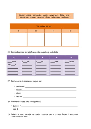 Marcel – plaça – abraçada – pastís – aniversari – Cèlia – cinc –
espelmes – bossa – caramels – festa – disfressat – pallasso.
So de la s de “sol”
s ss ç c
26. Completa amb g o gu i afegeix més paraules a cada llista:
a e i o u
____allina
arru____a
__________
__________
__________
fi____es
__________
__________
__________
__________
à____ila
__________
__________
__________
__________
____orra
__________
__________
__________
__________
____uàrdia
__________
__________
__________
__________
27. Escriu noms de coses que puguin ser:
• vermelles: __________________________________________________
• suaus: _____________________________________________________
• altes: ______________________________________________________
• verdes: ____________________________________________________
28. Inventa una frase amb cada paraula:
guineu _______________________________________________________
gos __________________________________________________________
29. Relaciona una paraula de cada columna per a formar frases i escriu-les
correctament a sota:
 