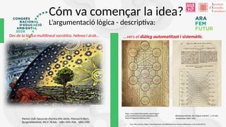 Cóm va començar la idea?
L’argumentació lògica - descriptiva:
• Font: Nus Lorenzo, https://www.slideshare.net/slideshow/una-mirada-calidoscpica-a-la-ia/261278172
Ramon Llull, Opuscula chymica,XVe siècle, Manuscrit.Bern,
Burgerbibliothek, MS A 78,fols. 168v-169r./fols. 189v-190r
Des de la lògica multilineal socràtica, hebrea i àrab...
https://encrypted-tbn0.gstatic.com/images?
q=tbn:ANd9GcSfcAwJoUXLU2RteDGcu19O-
lNtLbH7QZguDxl5LhBatTqu7KTO
Athanasius Kircher, Ars Magna Sciendi [...] 12 vols,
Amsterdam 1669. Vol1.
...vers el diàleg automatitzat i sistemàtic.
 
