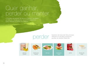 Quer ganhar,
perder ou manter
O conceito de Nutrição da Akmos é flexível e se adapta
ao estilo de vida da pessoa, que poderá decidir em
quais refeições irá utilizar os produtos.
perder
Substituir até duas das três principais
refeições do dia pelos substitutos
parciais de refeição Shake Mix.
café da
manhã
almoçolanche da
manhã
lanche da
tarde
lanche da
noite
jantar
28
 