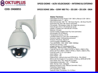SPEED DOME に ALTA VELOCIDADE に INTERNO & EXTERNO

COD: OK80055   SPEED DOME 180x に SONY 480 TVL に ZO:18X に ZD:1OX - D&N


                           Dados Técnicos:
                          - Velocidade horizontal; Preset: 0.05°~360°/s, Manual: 0.05°~300°/s
                          - Velocidade de giro; 1°~180°/s
                          - Movimento do pan; 360° Tilt : 180°(Auto-Flip On) , 90°(Auto-Flip Off)
                          - Automatico flip; Auto 180° flip em vertical 90°
                          - Pré posição; 128 presetes (Label, da imagem da camera )
                          - Faixa de giro; 8 tour e 20 posição por grupo
                          - Padrão; 4 Padrão com intervalo de 5 minutos
                          - Balanço; 8 Grupos
                          - Outras funções; Imagem Auto Flip, Auto automatica
                          - Alimentação; DC12V 800mA
                          - Temperatura maxima; -10~60
                          - Umidade relativa;10~75%( sem condensação )
                          - Consumo medio; 10VA(camera exclusiva)
                          - Protocol; PELCO D / PELCO P
                          - Communicação; RS485Bus cabo
                          - Taxa de(RS485); 1200 / 2400 / 4800 / 9600bps
                          - Numero de cameras; 1-255
                          - Imagem Sensor; 1/4" Interlaçados CCD
                          - Resolução; 480TVL(Color) / 540TVL(B/W)
                          - Total de Pixel; 811(H) x 508(V) (NTSC) e 795(H) x 596(V) (PAL)
                          - Efetivo de Pixel; 768(H) x 494(V) (NTSC) e 752(H) x 582(V) (PAL)
                          - Focal da Lente; F1.8, f=3.8~38mm
                          - Zoom Optico 18x
                          - Zoom Digital 10x
                          - Sistema sync; Interno/Linha Lock NTSC 60 Hz , PAL 50HzC
                          - Minimo de illuminação; 0.7 Lux (Color) / 0.002 Lux (B/W) @ 50 IRE
                          - Dia & Noite; Auto / Dia / Noite (IR Cut Filter)
                          - Velocidade do obturador; 1/50 ~ 1/120000 sec
                          - AGC; Normal / Auto / desligado
                          - Balanço de Branco; Auto / Manual (Vermelho / Azul )
                          - Flickerless; Selecionavel
                          - S/N impendencia; >50dB
                          - Saida de Video; Composite 1.0+/-0.2Vp-p
 
