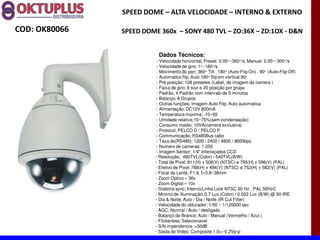 SPEED DOME に ALTA VELOCIDADE に INTERNO & EXTERNO

COD: OK80066   SPEED DOME 360x に SONY 480 TVL に ZO:36X に ZD:1OX - D&N


                          Dados Técnicos:
                          - Velocidade horizontal; Preset: 0.05°~360°/s, Manual: 0.05°~300°/s
                          - Velocidade de giro; 1°~180°/s
                          - Movimento do pan; 360° Tilt : 180° (Auto-Flip On) , 90° (Auto-Flip Off)
                          - Automatico flip; Auto 180° flip em vertical 90°
                          - Pré posição; 128 presetes (Label, da imagem da camera )
                          - Faixa de giro; 8 tour e 20 posição por grupo
                          - Padrão; 4 Padrão com intervalo de 5 minutos
                          - Balanço; 8 Grupos
                          - Outras funções; Imagem Auto Flip, Auto automatica
                          - Alimentação; DC12V 800mA
                          - Temperatura maxima; -10~60
                          - Umidade relativa;10~75%(sem condensação)
                          - Consumo medio; 10VA(camera exclusiva)
                          - Protocol; PELCO D / PELCO P
                          - Communicação; RS485Bus cabo
                          - Taxa de(RS485); 1200 / 2400 / 4800 / 9600bps
                          - Numero de cameras; 1-255
                          - Imagem Sensor; 1/4" Interlaçados CCD
                         - Resolução; 480TVL(Color) / 540TVL(B/W)
                         - Total de Pixel; 811(H) x 508(V) (NTSC) e 795(H) x 596(V) (PAL)
                         - Efetivo de Pixel; 768(H) x 494(V) (NTSC) e 752(H) x 582(V) (PAL)
                         - Focal da Lente; F1.8, f=3.8~38mm
                         - Zoom Optico 36x
                         - Zoom Digital 10x
                         - Sistema sync; Interno/Linha Lock NTSC 60 Hz , PAL 50HzC
                         - Minimo de illuminação; 0.7 Lux (Color) / 0.002 Lux (B/W) @ 50 IRE
                         - Dia & Noite; Auto / Dia / Noite (IR Cut Filter)
                         - Velocidade do obturador; 1/50 ~ 1/120000 sec
                         - AGC; Normal / Auto / desligado
                         - Balanço de Branco; Auto / Manual (Vermelho / Azul )
                         - Flickerless; Selecionavel
                         - S/N impendencia; >50dB
                         - Saida de Video; Composite 1.0+/-0.2Vp-p
 