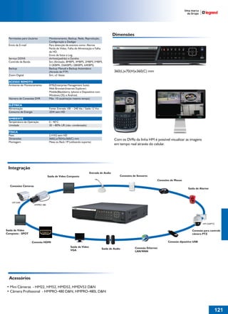 Dimensões
 Permissões para Usuários          Monitoramento, Backup, Rede, Reprodução,
                                   Configuração e Desligar
 Envio de E-mail                   Para detecção de eventos como: Alarme
                                   Perda de Video, Falha de Alimentação e Falha
                                   de HD.
                                   Envio de fotos e Log.
 Serviço DDNS                      dvrhost(padrão) e Dyndns
 Controle de Banda                 Sim (Ilimitado, 8MBPS, 4MBPS, 2MBPS,1MBPS,
                                   512KBPA, 256KBPS,128KBPS, 64KBPS)
 Backup                            Backup Manual e Backup Automático
                                   (Através de FTP)                                       360(L)x70(H)x360(C) mm
 Zoom Digital                      Sim, x2 Vezes

 ACESSO REMOTO
 Ambiente de Monitoramento         EMS(Enterprise Management Suite)
                                   Web Browser(Internet Explorer)
                                   Mobile(Blackberry, Iphone e Dispositivo com
                                   Windows OS) e Android.
 Número de Conexões DVR            Máx. 10 usuários(ao mesmo tempo)

 ELÉTRICA
 Alimentação                       Fonte: Entrada 100 ~240 Vac / Saída 12 Vcc
 Consumo de Energia                25W sem HD

 AMBIENTE
 Temperatura de Operação           0 - 40°C
 Umidade                           30 ~80% UR (não- condensado)

 FÍSICA
 Peso                              2,4 KG sem HD
 Dimensões                         360(L)x70(H)x360(C) mm                                 Com os DVRs da linha HM é possível visualizar as imagens
 Montagem                          Mesa ou Rack 19"(utilizando suporte)
                                                                                          em tempo real através do celular.




 Integração
                                                                      Entrada de Audio
                                  Saída de Vídeo Composto                                     Conexões de Sensores
                                                                                                                       Conexões de Mouse

  Conexões Câmeras
                                                                                                                                            Saída de Alarme




    HM 54IR
                      HMPRO 480




                                                                                                                                                       HM-550PTZ

Saída de Vídeo                                                                                                                                 Conexão para controle
Composto - SPOT                                                                                                                                câmera PTZ


                     Conexão HDMI                                                                                             Conexão dipositivo USB
                                                     Saída de Vídeo                                     Conexão Ethernet
                                                                                 Saída de Audio
                                                     VGA                                                LAN/WAN




  Acessórios
• Mini Câmeras - HM22, HM52, HMD52, HMDV53 D&N
• Câmera Profissional - HMPRO-480 D&N, HMPRO-480L D&N




                                                                                                                                                               121
 