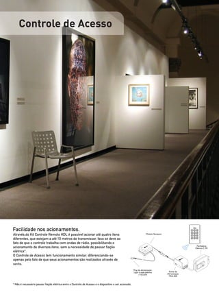 Controle de Acesso




Facilidade nos acionamentos.
Através do Kit Controle Remoto HDL é possível acionar até quatro itens                                              Módulo Receptor

diferentes, que estejam a até 10 metros do transmissor. Isso se deve ao
fato de que o controle trabalha com ondas de rádio, possibilitando o
                                                                                                                                                     Fechadura
acionamento de diversos itens, sem a necessidade de passar fiação                                                                                   Elétrica C-90
elétrica*.
O Controle de Acesso tem funcionamento similar, diferenciando-se
apenas pelo fato de que seus acionamentos são realizados através de
senha.
                                                                                                       Plug de alimentação:
                                                                                                       Ligar à rede elétrica           Fonte de
                                                                                                            110/220V.                 Alimentação
                                                                                                                                       TRA-400


* Não é necessário passar fiação elétrica entre o Controle de Acesso e o dispositivo a ser acionado.
 