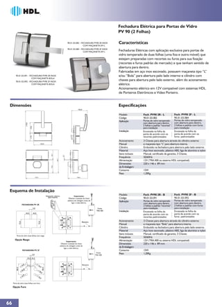 Fechadura Elétrica para Portas de Vidro
                                                                                                                                                          PV 90 (2 Folhas)

                                                                                                              90.01.03.083 - FECHADURA PV90 2R INOX       Características
                                                                                                                               COM MAÇANETA EM L
                                                                                                              90.01.03.084 - FECHADURA PV90 2F INOX
                                                                                                                               COM MAÇANETA EM L          Fechaduras Elétricas com aplicação exclusiva para portas de
                                                                                                                                                          vidro temperado de duas folhas (uma fixa e outra móvel) que
                                                                                                                                                          estejam preparadas com recortes ou furos para sua fixação
                                                                                                                                                          (recortes e furos padrão de mercado) e que tenham sentido de
                                                                                                                                                          abertura para dentro.
                                                                                                                                                          Fabricadas em aço inox escovado, possuem maçaneta tipo “L”
        90.01.03.091 - FECHADURA PV90 2R INOX                                                                                                             e/ou “Bola” para abertura pelo lado interno e cilindro com
                         COM MAÇANETA BOLA
        90.01.03.092 - FECHADURA PV90 2F INOX
                                                                                                                                                          chaves para abertura pelo lado externo, além do acionamento
                         COM MAÇANETA BOLA                                                                                                                elétrico.
                                                                                                                                                          Acionamento elétrico em 12V compatível com sistemas HDL
                                                                                                                                                          de Porteiros Eletrônicos e Vídeo Porteiro.


 Dimensões                                                                                                                                                Especificações
                                                                                                                            106,8


                                                                                                                                                          Modelo           Fech. PV90 2R - L              Fech. PV90 2F - L
                                                                                                                                                          Código           90.01.03.083                   90.01.03.084
                                                                                                                                                          Aplicação        Portas de vidro temperado      Portas de vidro temperado
                                                                                                                                                                           com abertura para dentro,      com abertura para dentro,
                               203,3




                                                                                                                                                                           2 folhas e padrão "recortes"   2 folhas e padrão com furos
                                       70,0




                                                                                                                                                                           para instalação                para instalação
                                                                                                                                                          Instalação       Encaixada na folha da          Encaixada na folha da
                                                                                                                                                                           porta de acordo com os         porta de acordo com os
                                       52,7




                                                                                                                                                                           recortes padronizados          furos padronizados
                                                                                                                   2,0




                                                                                                                                                          Acionamento      3 Chaves para abertura através do cilindro externo
                                                               123,0                                                                                      Manual           e maçaneta tipo “L” para abertura interna.
                                                                                                                                                          Cilindro         Embutido na fechadura para abertura pelo lado externo
                                                                                                                                                          Material         Aço Inox escovado, plástico ABS, liga de alumínio e nylon
                                                                                                                                                          Itens inclusos   Manual, certificado de garantia, 3 Chaves.
                                                                                      52,7




                                                                                                        2,0




                                                                                                                                                          Frequência       50/60Hz
                                                                                             124,7




                                                                                                                                                          Alimentação      12V (TRA.400 ou sistema HDL compatível)
                                                                                                                                                          Dimensões        220 x 146 x 89 mm
                                                                                      70,0




                                                                                                                                                          da Embalagem
                                                                                                                                                          Consumo          15W
                                                                                                                                                          Peso             1,20Kg
                                                    123,0                                                                 105,8




 Esquema de Instalação
                                                                               Adaptador plástico                      Importante:
                                                                                                                                                          Modelo           Fech. PV90 2R - B              Fech. PV90 2F - B
                                                                                 para recorte                                                             Código           90.01.03.091                   90.01.03.092
                                                                                                               Obsevar a posição da chave
                                                                                                              seletora de voltagem antes de               Aplicação        Portas de vidro temperado      Portas de vidro temperado
                                                                                                                   ligar a rede elétrica.                                  com abertura para dentro,      com abertura para dentro,
                       FECHADURA PV 2R
                                                                                                                                                                           2 folhas e padrão "recortes"   2 folhas e padrão com furos
                                              2,0                                                                                                Fonte                     para instalação                para instalação
                                                                                                                                                TRA 400   Instalação       Encaixada na folha da          Encaixada na folha da
                               45,0            45,0                                                                                                                                                       porta de acordo com os
                                                                                                                                                                           porta de acordo com os
                                                                                                                                                                           recortes padronizados          furos padronizados
                                                                                                                                                          Acionamento      3 Chaves para abertura através do cilindro externo
                                                            72,0
                72,0




                                                                                                                                  Botoeira
                                                                                                                                                          Manual           e maçaneta tipo “Bola” para abertura interna.
                                                                                                                                                          Cilindro         Embutido na fechadura para abertura pelo lado externo
                                                                                                                                                          Material         Aço Inox escovado, plástico ABS, liga de alumínio e nylon
                                                                                                                                                          Itens inclusos   Manual, certificado de garantia, 3 Chaves.
         Porta de vidro duas folhas com rasgo
                                                                                                                                                          Frequência       50/60Hz
       Opção Rasgo                                                                                                                                        Alimentação      12V (TRA.400 ou sistema HDL compatível)
                                                                                                              Importante:
                                                                                                      Obsevar a posição da chave                          Dimensões        220 x 146 x 89 mm
                                                                                                     seletora de voltagem antes de
                                                                                                          ligar a rede elétrica.
                                                                                                                                                          da Embalagem
                       FECHADURA PV 2F                                                                                                                    Consumo          15W
                                                                                                                                                Fonte     Peso             1,20Kg
                                              2,0                                                                                              TRA 400
                                   32,5 32,5


                         ,0                             16                                                                          Botoeira
                       16          37,5   37,5
                                                              ,0
                                                                        85,0
         85,0




                          ,0
                       26                                    26
                                                                   ,0
                          ,0
                       16                               16
                                                              ,0


     Porta de vidro duas folhas com furo

     Opção Furo




66
 