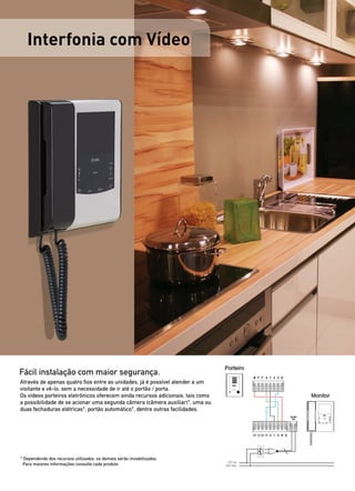 Interfonia com Vídeo




Fácil instalação com maior segurança.
Através de apenas quatro fios entre as unidades, já é possível atender a um
visitante e vê-lo, sem a necessidade de ir até o portão / porta.
Os vídeos porteiros eletrônicos oferecem ainda recursos adicionais, tais como
a possibilidade de se acionar uma segunda câmera (câmera auxiliar)*, uma ou
duas fechaduras elétricas*, portão automático*, dentre outras facilidades.




* Dependendo dos recursos utilizados, os demais serão inviabilizados.
                                                                                 127 ou
  Para maiores informações consulte cada produto                                220 Vac
 