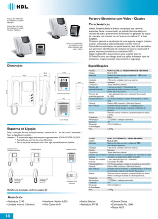 90.02.01.892 PORTEIRO                                                                          Porteiro Eletrônico com Vídeo - Clássico
ELETRÔNICO C/ VÍDEO
P&B 60Hz
                                                                                               Características
90.02.01.893 PORTEIRO
ELETRÔNICO C/ VÍDEO                                                                            Vídeos Porteiros Preto e Branco compostos por câmeras
PINHOLE P&B 60Hz
                                                                                               aparentes (lente convencional), ou pinhole (lente oculta) com
                                                                                               circuito de áudio, acionamento de fechadura e geradora de toque
                                                                                               de chamada, um monitor na cor branca com tela de 4” e fone
                                                                                               acoplado.
                                                                                               O sistema permite a visualização de uma segunda imagem (câmera
                                                                      90.02.01.916 PORTEIRO    auxiliar) conectada e selecionada pelo monitor interno.
                                                                          ELETRÔNICO COM
                                                                        VIDEO PINHOLE P&B
                                                                                               Possui alarme antiviolação no painel externo, leds infra-vermelhos
                                                                                60Hz - PRATA   que permitem identificação do visitante no escuro e aceita até 4
                                                                                               pontos internos (monitores ou interfones AZ01).
                                                                                               Esses modelos têm aba protetora para o painel externo.
                                                                                               O Vídeo Porteiro tem design atual e se aplica a diversos tipos de
                                                                                               ambientes, proporcionando mais conforto e segurança.

Dimensões                                                                                      Especificações
                                                                                               Modelo               PORT. ELETR. C/ VIDEO PINHOLE P&B 60HZ
                                                                                               Código               90.02.01.893
                                                                                               Aplicação            Sistema de vídeo porteiro residencial , P&B e com
                                                                                                                    câmera oculta
                                                                                               Instalação           4 fios entre unidades interna e externa
                                                                                               Fixação              Sobrepor
                                                                                               Campainha            Toque eletrônico bitonal
                                                                                               Número de            4 pontos ao total (1+3) podendo ser
                                                                                               extensão internas    extensões de vídeo (monitor) ou áudio
                                                                                                                    (fones AZ.01 ou LD.01)
                                                                                               Número de            1 para aplicação típica ou 2 utilizando Comutador
                                                                                               extensões externas   RL.1000
                                                                                               Fechadura Elétrica   12V. Aciona qualquer modelo de fechadura ou fecho
                                                                                                                    HDL
                                                                                               Material             Plástico ABS (monitor) e Alumínio Natural
                                                                                               Itens inclusos       Unidade interna (monitor) + unidade externa
                                                                                                                    (Câmera), kit de fixação, manual e certificado de
                                                                                                                    garantia
                                                                                               Ajustes              Volumes interno e externo, campainha (alto ou baixo)
                                                                                                                    e brilho
                                                                                               Frequência           60Hz
                                                                                               Alimentação          127/220Vac - seleção automática
                                                                                               Consumo              3W
                                                                                               Dimensão             373x134x263mm
                                                                                               da Embalagem
Esquema de Ligação                                                                             Peso                 2,31Kg
Para a colocação de mais unidades internas ( máximo de 4 - 1 do kit e mais 3 extensões )
fazer as ligações em paralelo.
Atenção: • É importante seguir esse esquema rigorosamente SEM INVERTER OS FIOS.                Modelo               PORT. ELETRÔNICO C/ VÍDEO P&B 60Hz
           • Aconselha-se usar fios de cores diferentes.                                       Código              90.02.01.892
           • Para a opção de instalação com 4 fios, ligar os interfones em paralelo.           Aplicação           Sistema de vídeo porteiro residencial P&B
                                                                                                                   com câmera aparente
                                                                                               Instalação          4 fios entre unidades interna e externa
                                                                                               Fixação             Sobrepor
                                                                                               Campainha           Toque eletrônico bitonal
                                                                                               Número de monitores 4 pontos ao total (1+3) podendo ser extensão de vídeo
                                                                                               internos            (monitor) ou áudio (fones AZ01 ou Ld01)
                                                                                               Número de unidades 1 para aplicação típica ou 2 utilizando
                                                                                               externas            Comutador RL1000
                                                                                               Fechadura Elétrica  12V. Aciona qualquer modelo de fechadura ou fecho HDL
                                                                                               Material            Plástico ABS (monitor) e Alumínio Natural
                                                                                               Itens inclusos      Unidade interna (monitor) + unidade externa (Câmera),
                                                                                                                   kit de fixação, manual e certificado de garantia
                                                                                               Ajustes             Volumes interno e externo, campainha (alto ou baixo),
                                                                                                                   brilho e inclinação da lente da câmera (vertical).
                                                                                               Frequência          60Hz
                                                                                               Alimentação         127/220Vac - seleção automática
                                                                                               Consumo             3W
                                                                                               Dimensão            373x134x263mm
                                                                                               da Embalagem
 Detalhes da instalação conforme página 36                                                     Peso                2,10Kg



 Acessórios
•Fechadura C-90                          •Interfone Modelo AZ01                        •Fecho Elétrico                  •Câmera Dome
•Unidade Interna (Monitor)               •Mini Câmera HM                               •Fechadura PV 90                 •Comutador RL 1000
                                                                                                                        •Motor NXT


18
 