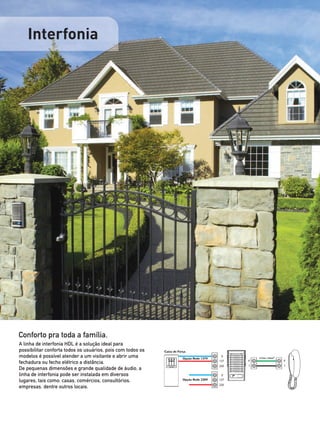 Interfonia




Conforto pra toda a família.
A linha de interfonia HDL é a solução ideal para
possibilitar conforta todos os usuários, pois com todos os   Caixa de Força
modelos é possível atender a um visitante e abrir uma                    Opção Rede 127V
                                                                                            0
                                                                                                     2 Fios 1,5mm2
                                                                                           127   4                   4
fechadura ou fecho elétrico a distância.
                                                                                           220   1                   1
De pequenas dimensões e grande qualidade de áudio, a
linha de interfonia pode ser instalada em diversos                                          0

lugares, tais como: casas, comércios, consultórios,                      Opção Rede 220V   127
                                                                                           220
empresas, dentre outros locais.
 