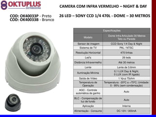 CAMERA COM INFRA VERMELHO に NIGHT & DAY

COD: OK40033P - Preto    26 LED に SONY CCD 1/4 470L - DOME に 30 METROS
COD: OK40033B - Branco

                                                          Especificações

                                                              Dome Infra Articulado 30 Metros
                                       Modelo
                                                                     Teto ou Parede
                                  Sensor de imagem              CCD Sony 1/4 Day & Night
                                    Sistema de TV                      PAL / NTSC
                                 Resolução Horizontal                   470 linhas
                                        Led s                              26 leds
                                Distância Infravermelho               Até 30 metros
                                        Lente                        Lente de 3.6mm
                                                                  0,1 LUX Day & Night,
                                  Iluminação Mínima
                                                                  0 LUX (com IR ligado)
                                   Saída de Vídeo                     1 Vp-p 75ohm
                                   Temperatura de         Temperatura: -20ºC a +75ºC; Umidade:
                                     Operação                 0 - 95% (sem condensação)
                                   AGC - Controle
                                                                            Auto
                                 automática de ganho
                                BLC - Compensação de
                                                                            Auto
                                     luz de fundo
                                      Aplicação                            Interna
                                Alimentação - Consumo                DC 12V / 300mA
 