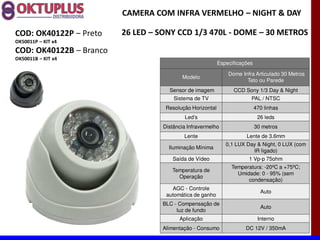 CAMERA COM INFRA VERMELHO に NIGHT & DAY

COD: OK40122P に Preto    26 LED に SONY CCD 1/3 470L - DOME に 30 METROS
OK50011P に KIT x4
COD: OK40122B に Branco
OK50011B に KIT x4
                                                           Especificações

                                                               Dome Infra Articulado 30 Metros
                                          Modelo
                                                                      Teto ou Parede
                                     Sensor de imagem            CCD Sony 1/3 Day & Night
                                       Sistema de TV                    PAL / NTSC
                                    Resolução Horizontal                    470 linhas
                                           Led s                             26 leds
                                   Distância Infravermelho                  30 metros
                                           Lente                      Lente de 3.6mm
                                                              0,1 LUX Day & Night, 0 LUX (com
                                     Iluminação Mínima
                                                                        IR ligado)
                                      Saída de Vídeo                   1 Vp-p 75ohm
                                                                Temperatura: -20ºC a +75ºC;
                                      Temperatura de
                                                                  Umidade: 0 - 95% (sem
                                        Operação
                                                                      condensação)
                                      AGC - Controle
                                                                              Auto
                                    automática de ganho
                                  BLC - Compensação de
                                                                              Auto
                                       luz de fundo
                                         Aplicação                           Interno
                                  Alimentação - Consumo               DC 12V / 350mA
 