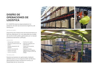 DISEÑO DE
OPERACIONES DE
LOGÍSTICA
En CASINTRA estamos especializados en la
prestación de todo tipo de servicios logísticos y de
distribución.
INSTALACIONES
Disponemos de instalaciones de almacenamiento en
Asturias y Barcelona, con una capacidad acumulada
de más de 14.000 pallets, gestionados por un equipo
profesional altamente cualificado.
SERVICIOS
TECNOLOGÍA
Nuestros almacenes son gestionados mediante
radiofrecuencia con el programa EASY de Mecalux,
garantizando en todo momento el control y la
trazabilidad de las mercancías.
•	 Almacenaje multicliente
•	 Packing: transformación de
bultos
•	 Picking: preparación de
pedidos
•	 Gestión de transporte
•	 Gestión de stocks
•	 Gestión de pallets
•	 Distribución capilar
•	 Sistemas integrados de
información
•	 Gestión de almacenes
dedicados
•	 Servicio in-house:
organizamos su logística
desde su propio centro de
trabajo.
 