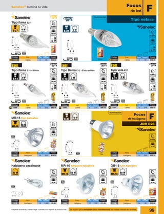 Sanelec® Ilumina tu vida
99Imágenes ilustrativas, pueden llegar a cambiar con respecto al producto final
Caja
Caja
Caja Caja
*Se sugiere para reemplazar foco incandescente del wattaje indicado en la viñeta.
72mm
26 mm
50 mm
Tarjeta
Halógeno cacahuate
Tipo flama E12 - Extra miñón
55mm
22 mm
50 mm
Blister
114mm
27 mm
124mm
12 mm
50mm
17 mm
50 mm
50mm
17 mm
50 mm
30 mm
5mm
2014
Nuevo
Caja Caja
Tipo flama E14 - Miñón
133mm
14 mm
2014
Nuevo
Focos
de led F
Tipo vela E27
Iluminación
Iluminación
JDR E26
FFocos
de halógenoMR-16 Con balastro
Tipo flama E27
Blister
142mm
27 mm
2014
Nuevo
Código	 Luz	 Inner	Master	 Precio
1468	 Cálida	 6	96	$98.40N
Código	 Luz	 Inner	Master	 Precio
1467	 Cálida	 6	96	$98.40N
Código	 Foco	 Inner	Master	 Precio
1872	 Halógeno	 10	200	$23.15
Caja
Tipo vela E27
114mm
27 mm
2014
Nuevo
N
Código	 Luz	 Inner	Master	 Precio
1597	 Cálida	 6	216	$86.10N
Código	 Luz	 Inner	Master	 Precio
1596	 Cálida	 6	216	$86.10 N
Código	 Luz	 Inner	Master	 Precio
1595	 Cálida	 6	216	$86.10
Código	 Foco	 Inner	Master	 Precio
1871	 Halógeno	 10	200	$14.75
MR-16 Requiere balastro GU-16 Con balastro
Código	 Foco	 Inner	Master	 Precio
2168	 Halógeno	 24	48	$26.95
Código	 Foco	 Inner	Master	 Precio
1880	 Halógeno	 12	120	$11.85
Código	 Foco	 Inner	Master	 Precio
1919	 Halógeno	 12	1,080	$6.90
2014
Nuevo
 